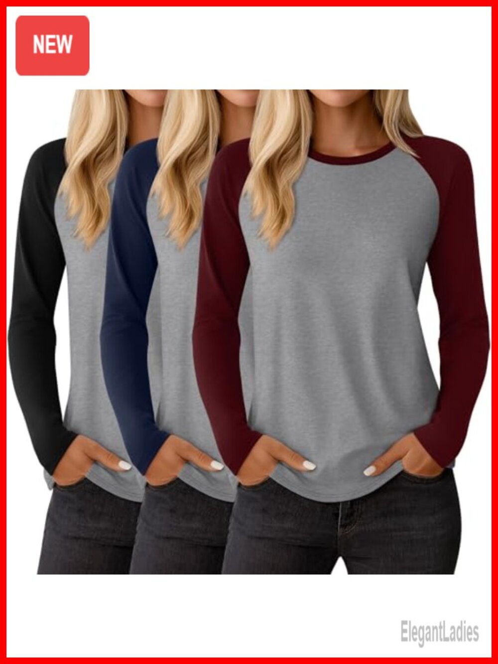 3 Pack Women's Long Sleeve Raglan Baseball Tees Crewneck Casual Tops